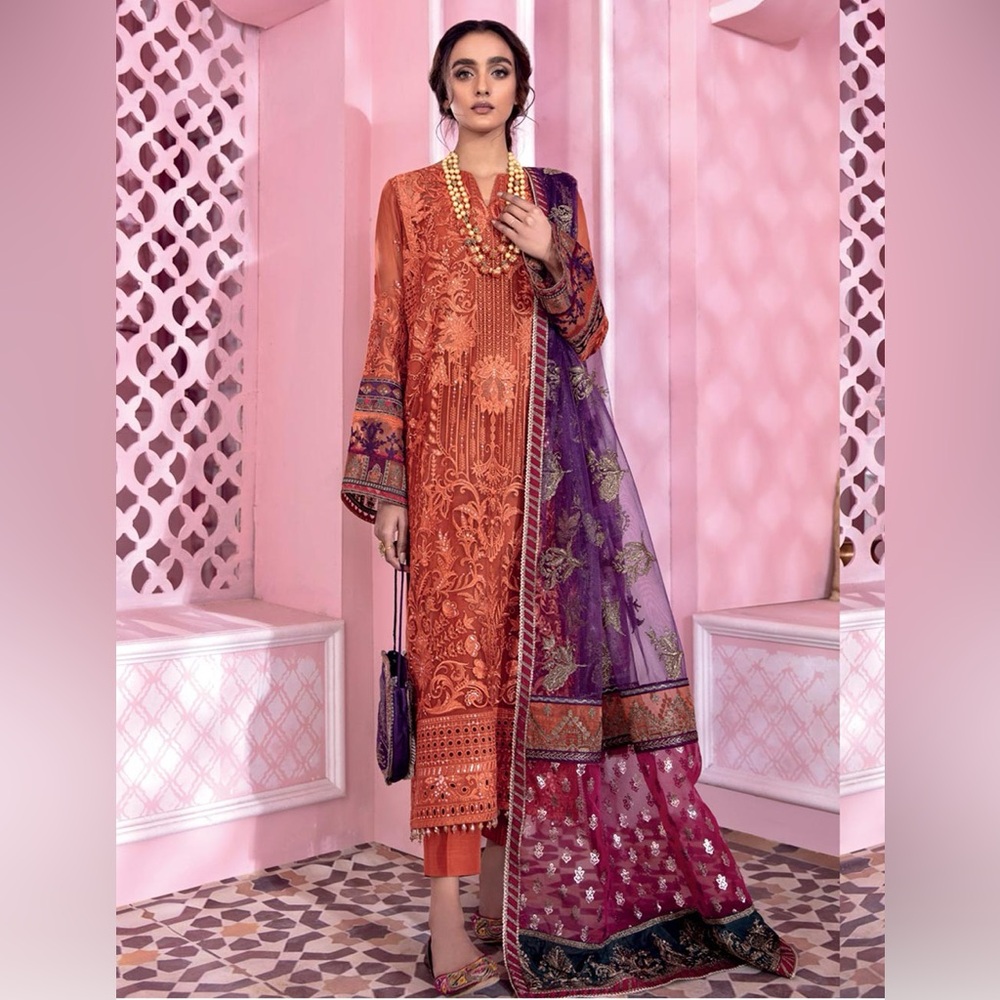 Burnt Orange Chiffon Embroidered Suit Set